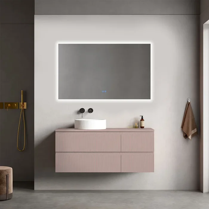 Wandering bagno sospeso cannettato reversibile 120 cm Rosa Retrò per Lavabo d’appoggio Specchio Quadro Retroilluminato – Fiji Paint Top Canneté